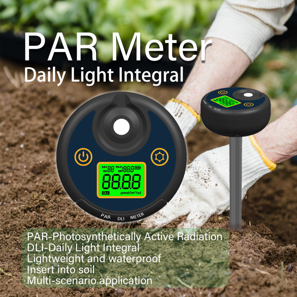 Grower using PAR meter to measure PPFD at plant canopy level in vertical farm Comparison of PPFD vs DLI showing how 200 PPFD for 18 hours equals same DLI as 300 PPFD for 12 hours 9 point PPFD measurement grid diagram showing where to place PAR meter on grow tray DLI calculation formula DLI equals PPFD times hours times 0.0036 with example calculation Reference chart showing optimal PPFD and DLI values for lettuce, basil, tomatoes, peppers, and other vertical farm crops Comparison of plant growth under uniform light distribution vs uneven light with dark corners Diagram showing recommended LED light height above canopy for seedling, vegetative, and flowering growth stages